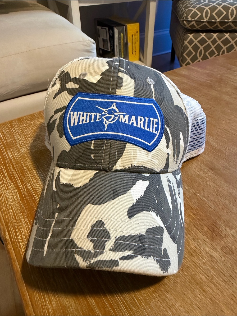 White Marlin Camo Trucker Hat in Gray & White